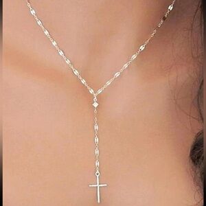 Silver Y Lariat Necklace, Silver Cross Necklace, Lariat Cross Necklace